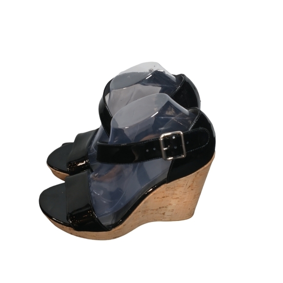 ☀️Stuart Weitzman Oneliner Women's Patent Black Cork Wedge, size 9.5M - Picture 1 of 14